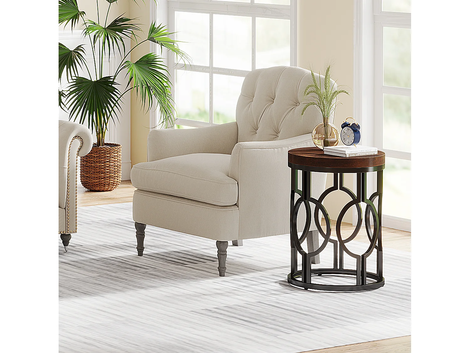 Table d'appoint ronde, table de chevet industrielle avec structure métallique ajourée, petite table de nuit