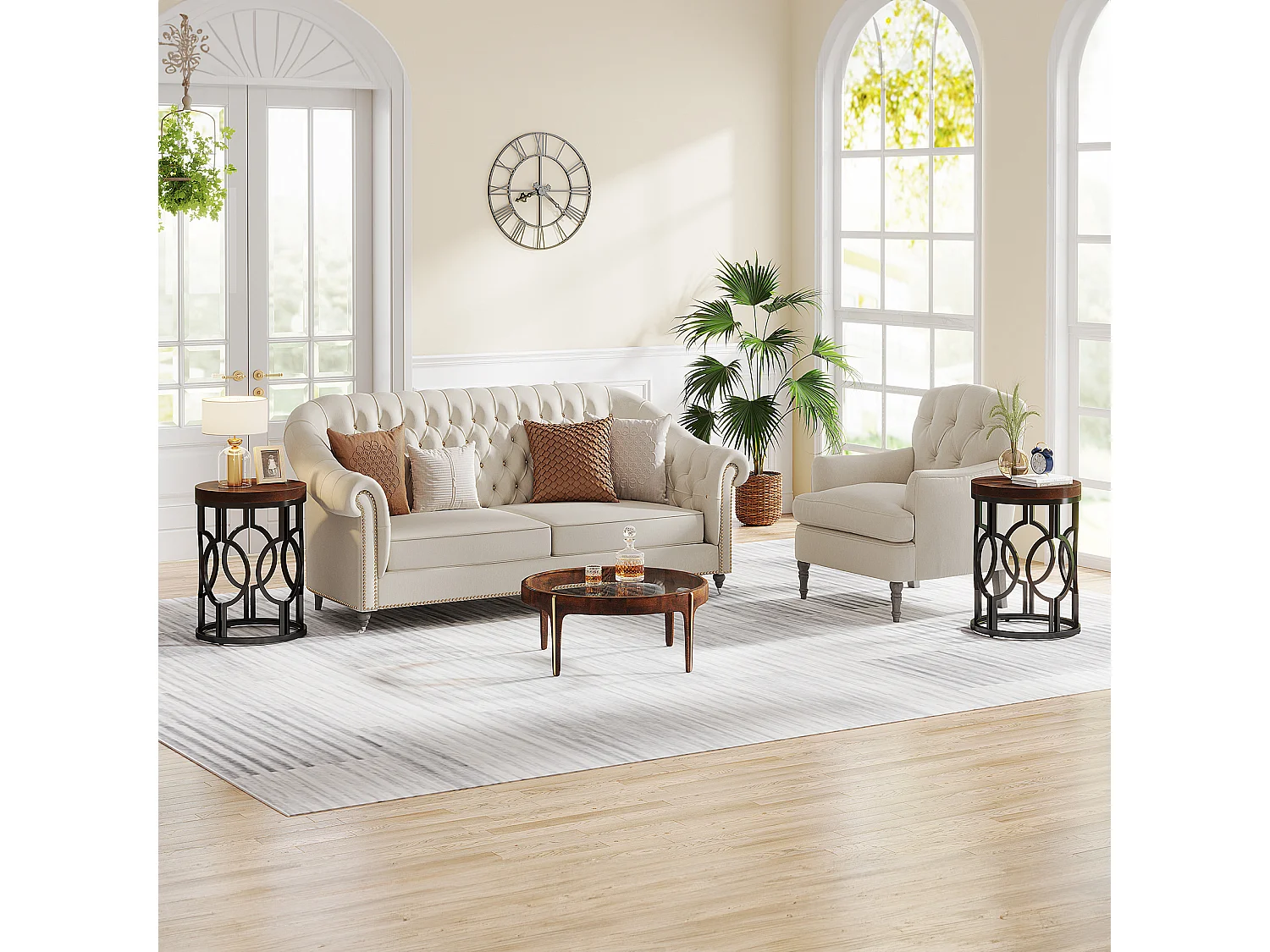 Table d'appoint ronde, table de chevet industrielle avec structure métallique ajourée, petite table de nuit