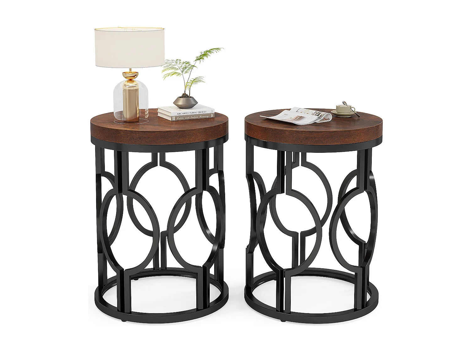 Table d'appoint ronde, table de chevet industrielle avec structure métallique ajourée, petite table de nuit