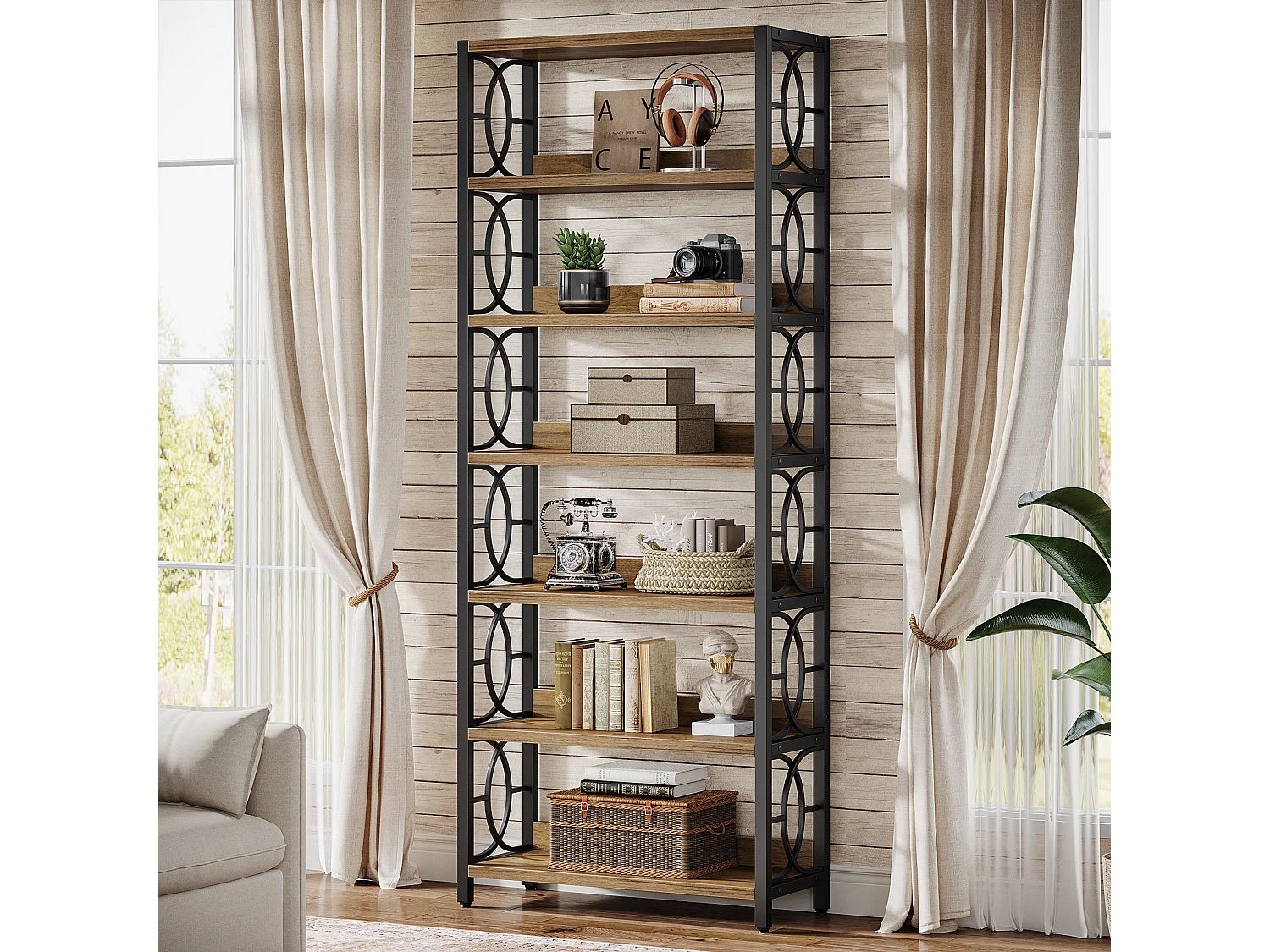 Bibliothèque à 6 niveaux, étagère de 180 cm de haut, étagère de présentation autoportante de style industriel avec structure métallique et étagères ouvertes