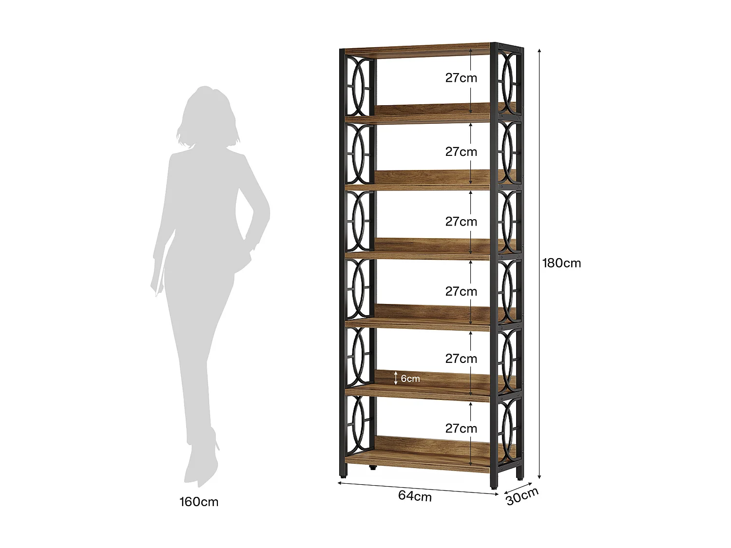 Bibliothèque à 6 niveaux, étagère de 180 cm de haut, étagère de présentation autoportante de style industriel avec structure métallique et étagères ouvertes