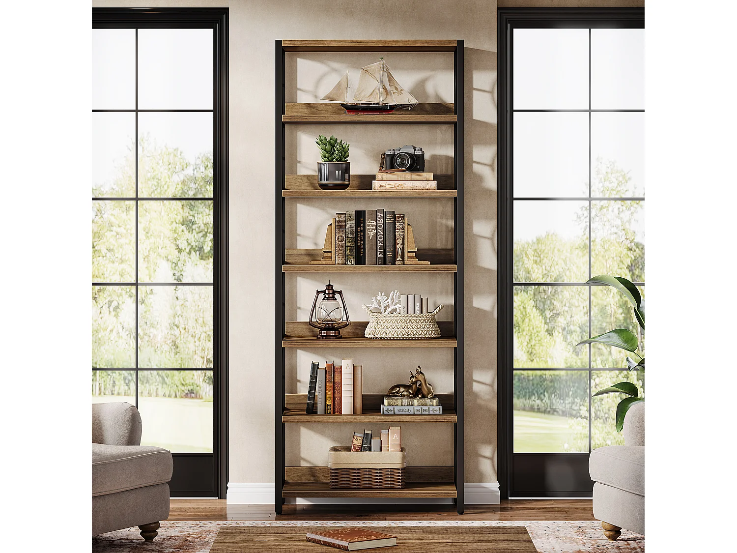 Bibliothèque à 6 niveaux, étagère de 180 cm de haut, étagère de présentation autoportante de style industriel avec structure métallique et étagères ouvertes