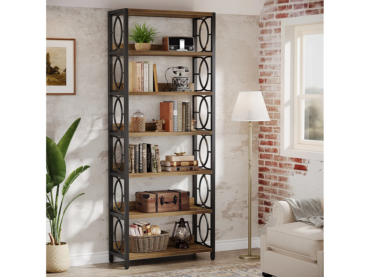 Bibliothèque à 6 niveaux, étagère de 180 cm de haut, étagère de présentation autoportante de style industriel avec structure métallique et étagères ouvertes