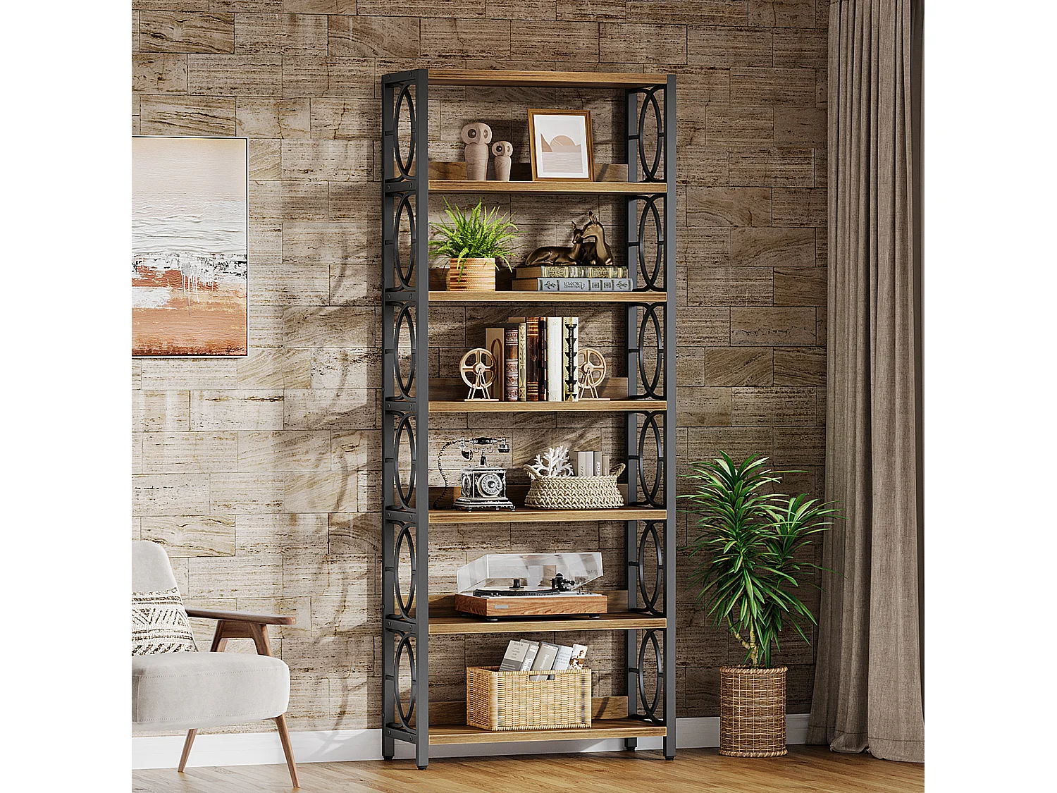 Bibliothèque à 6 niveaux, étagère de 180 cm de haut, étagère de présentation autoportante de style industriel avec structure métallique et étagères ouvertes