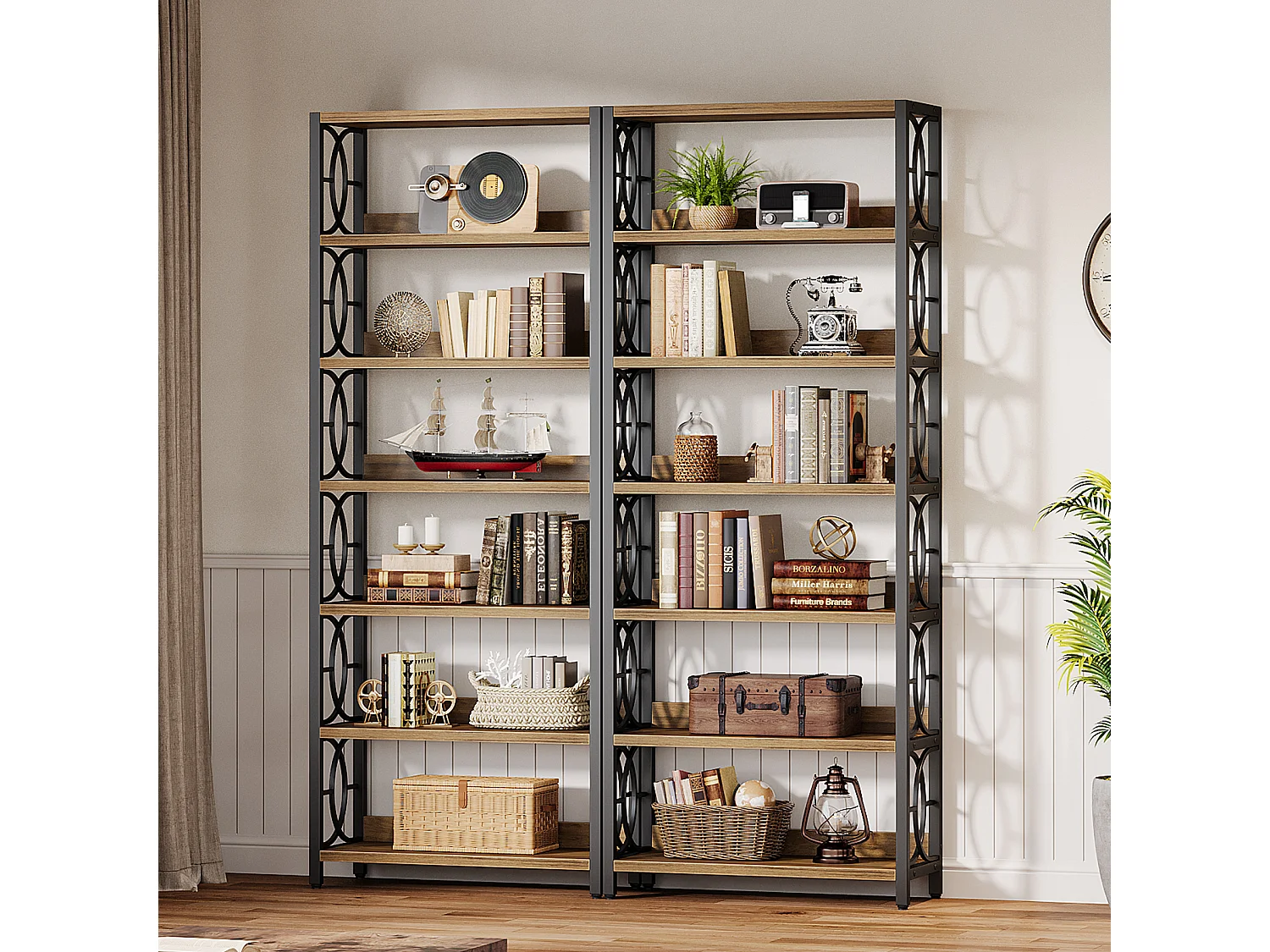 Bibliothèque à 6 niveaux, étagère de 180 cm de haut, étagère de présentation autoportante de style industriel avec structure métallique et étagères ouvertes