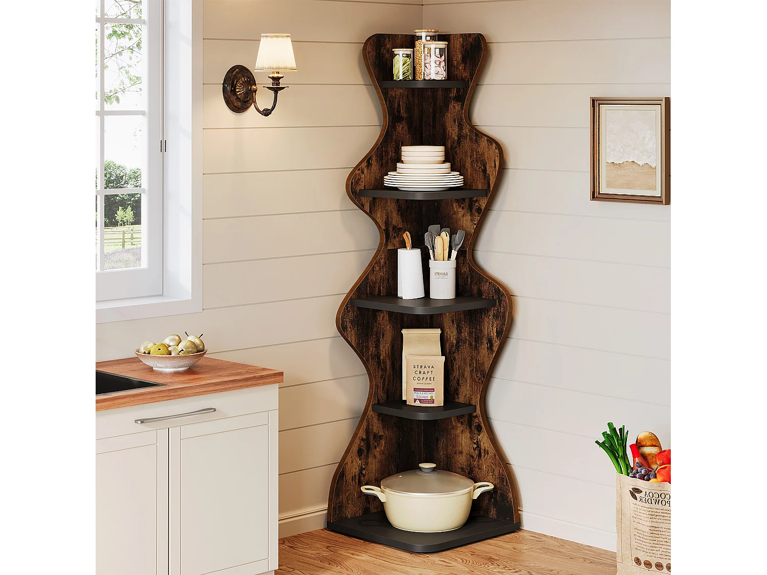 Étagère d'angle à 5 niveaux, étagère carrée de 175 cm avec présentoir, rangement d'angle autoportant