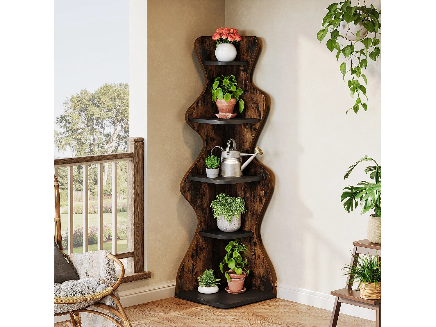 Étagère d'angle à 5 niveaux, étagère carrée de 175 cm avec présentoir, rangement d'angle autoportant