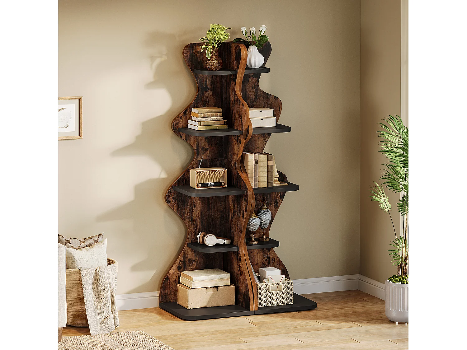 Étagère d'angle à 5 niveaux, étagère carrée de 175 cm avec présentoir, rangement d'angle autoportant