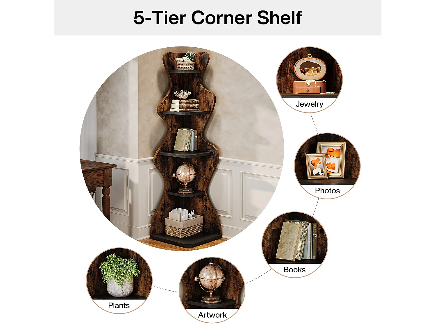 Étagère d'angle à 5 niveaux, étagère carrée de 175 cm avec présentoir, rangement d'angle autoportant