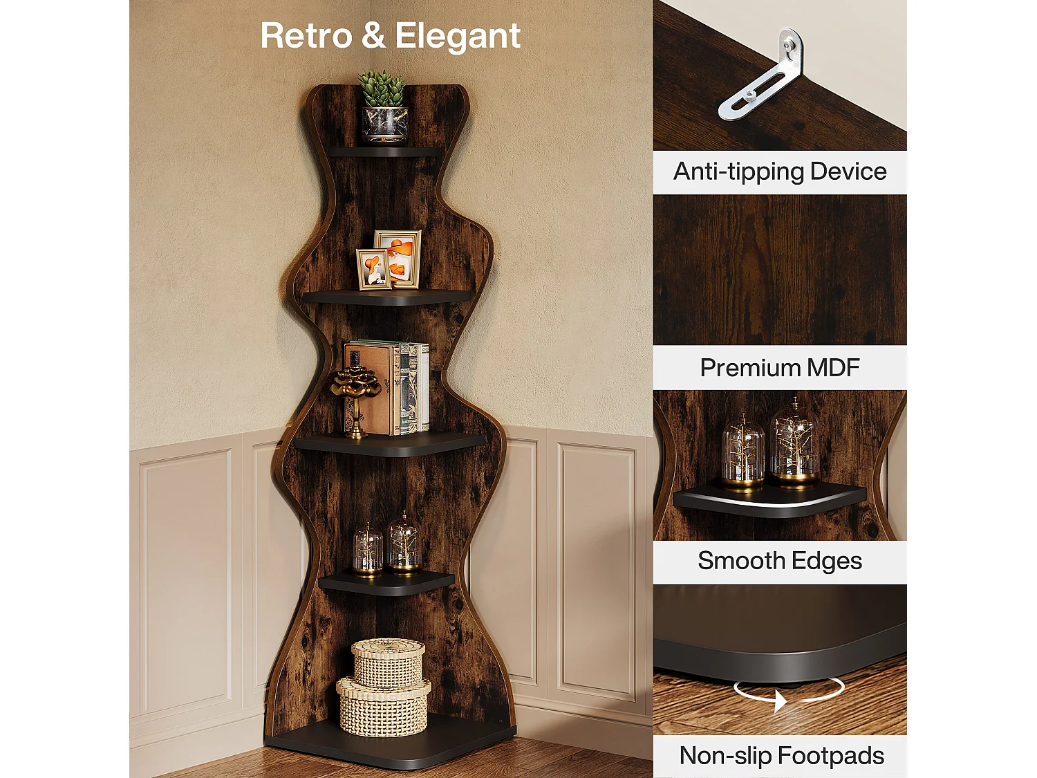 Étagère d'angle à 5 niveaux, étagère carrée de 175 cm avec présentoir, rangement d'angle autoportant