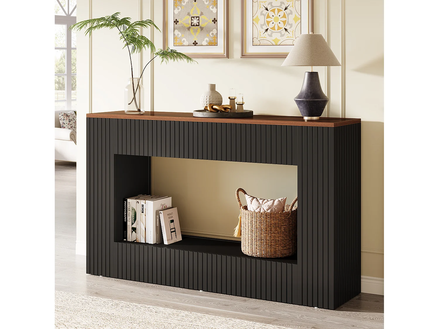 Mesa de consola moderna, 140 x 30 x 85 cm, mesa de pasillo, mesa baja y estrecha con espacio de almacenamiento