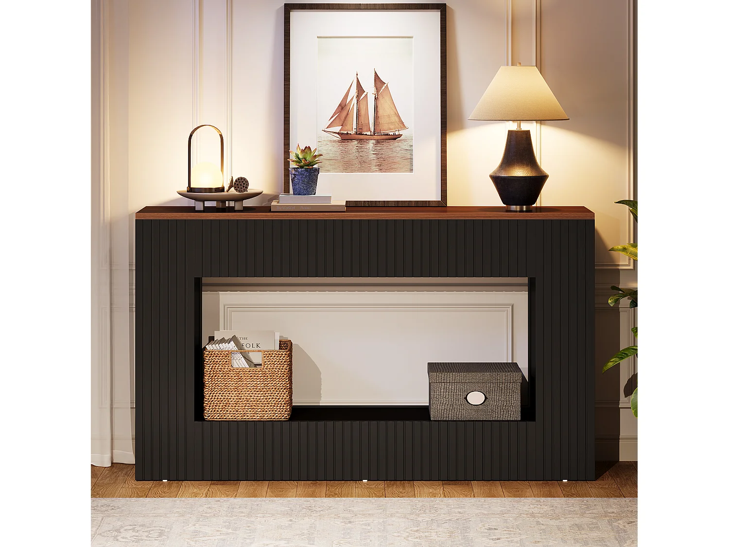 Mesa de consola moderna, 140 x 30 x 85 cm, mesa de pasillo, mesa baja y estrecha con espacio de almacenamiento