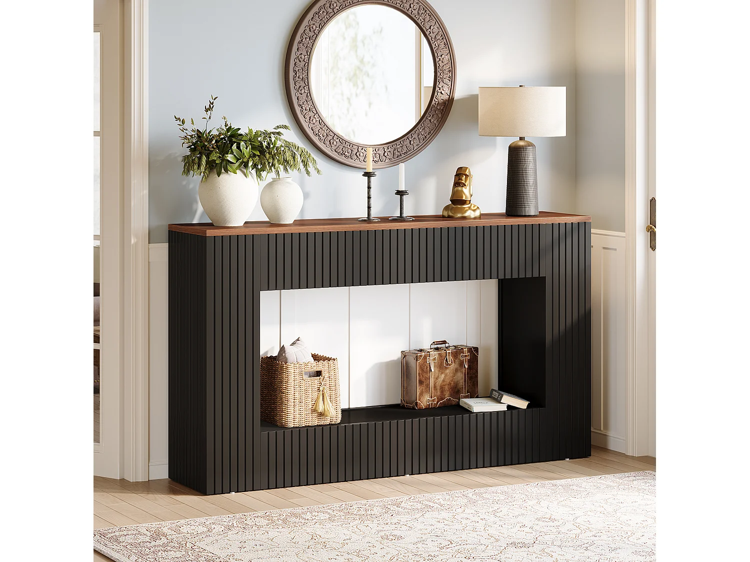 Mesa de consola moderna, 140 x 30 x 85 cm, mesa de pasillo, mesa baja y estrecha con espacio de almacenamiento