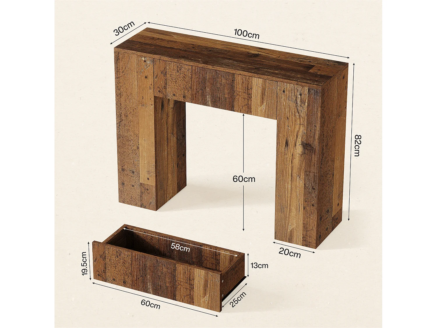 Console de style campagnard de 100 cm, table d'entrée étroite avec tiroir