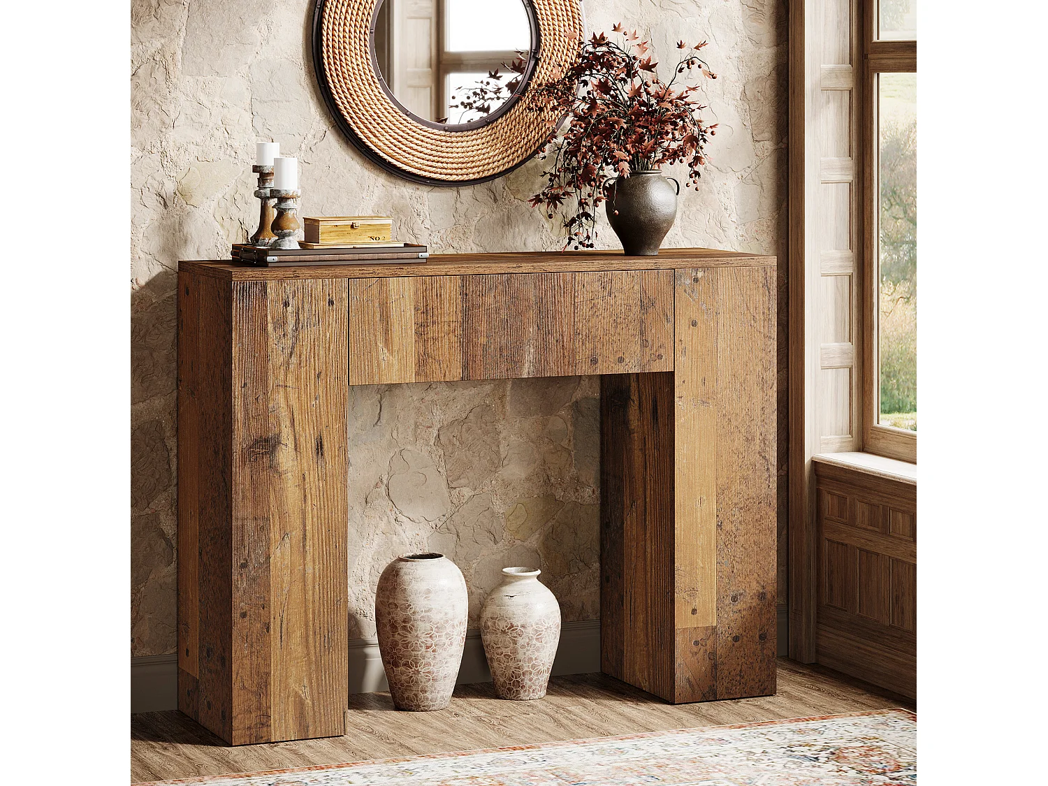 Console de style campagnard de 100 cm, table d'entrée étroite avec tiroir