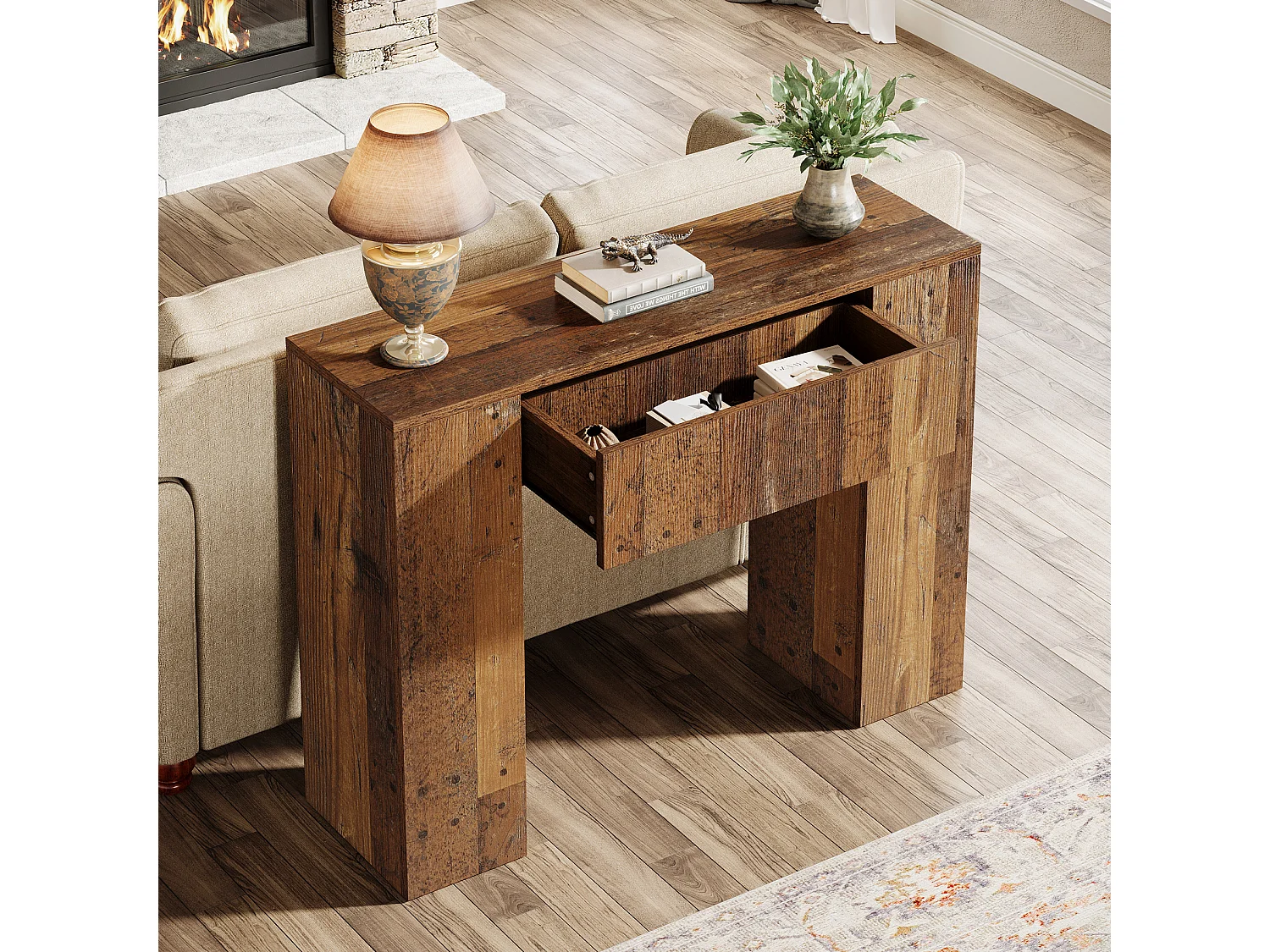 Console de style campagnard de 100 cm, table d'entrée étroite avec tiroir