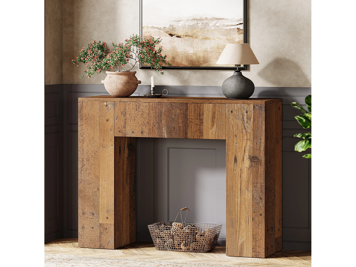 Console de style campagnard de 100 cm, table d'entrée étroite avec tiroir