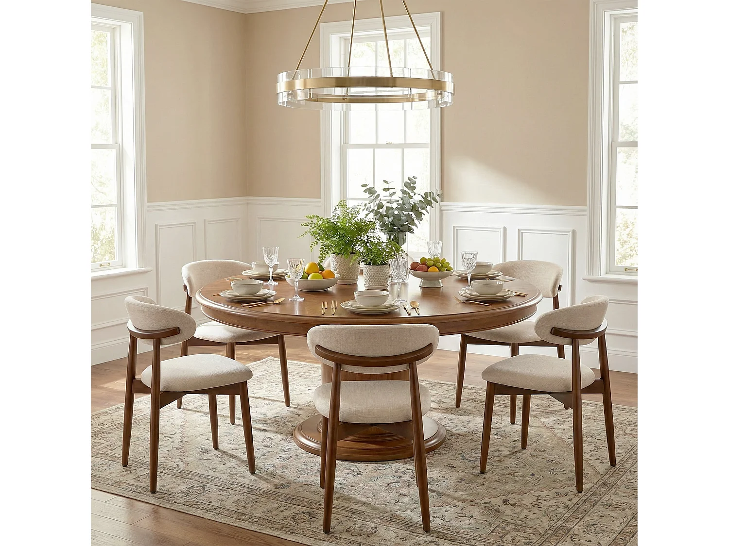 Lot de 2 chaises de salle à manger beige SMARTUE – Pieds en bois massif, dossier incurvé, assise en tissu