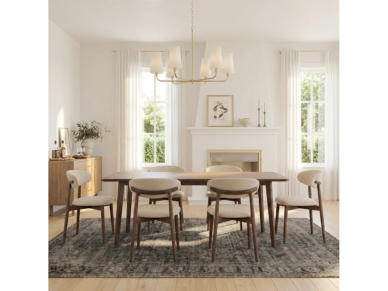 Lot de 2 chaises de salle à manger beige SMARTUE – Pieds en bois massif, dossier incurvé, assise en tissu