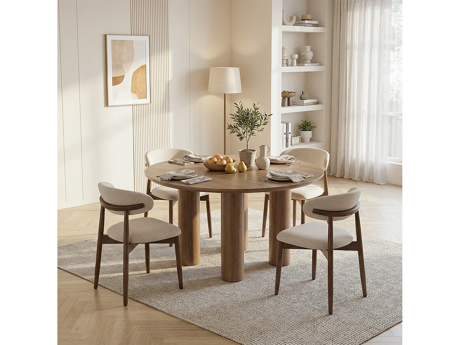 Lot de 2 chaises de salle à manger beige SMARTUE – Pieds en bois massif, dossier incurvé, assise en tissu