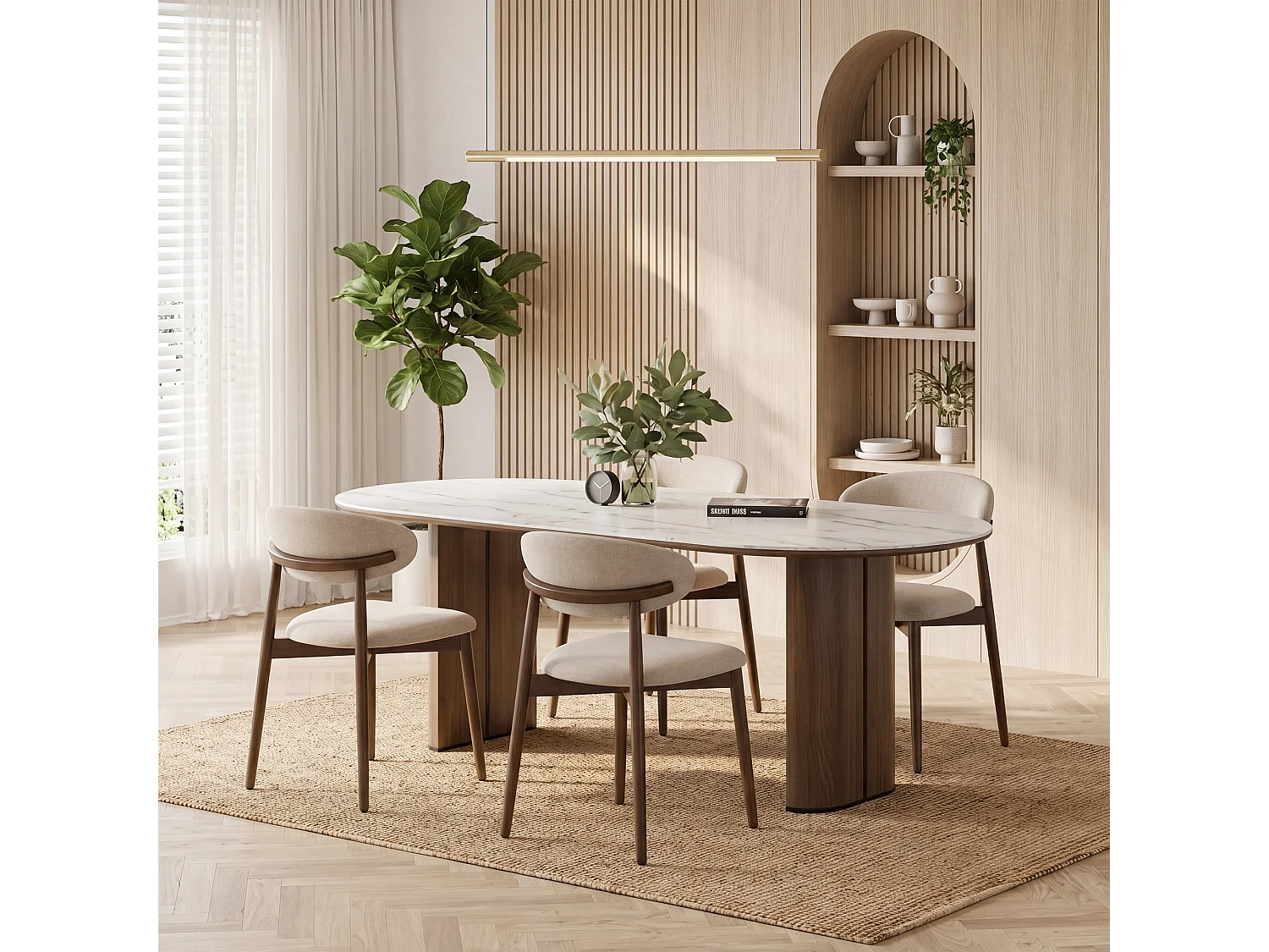 Lot de 2 chaises de salle à manger beige SMARTUE – Pieds en bois massif, dossier incurvé, assise en tissu