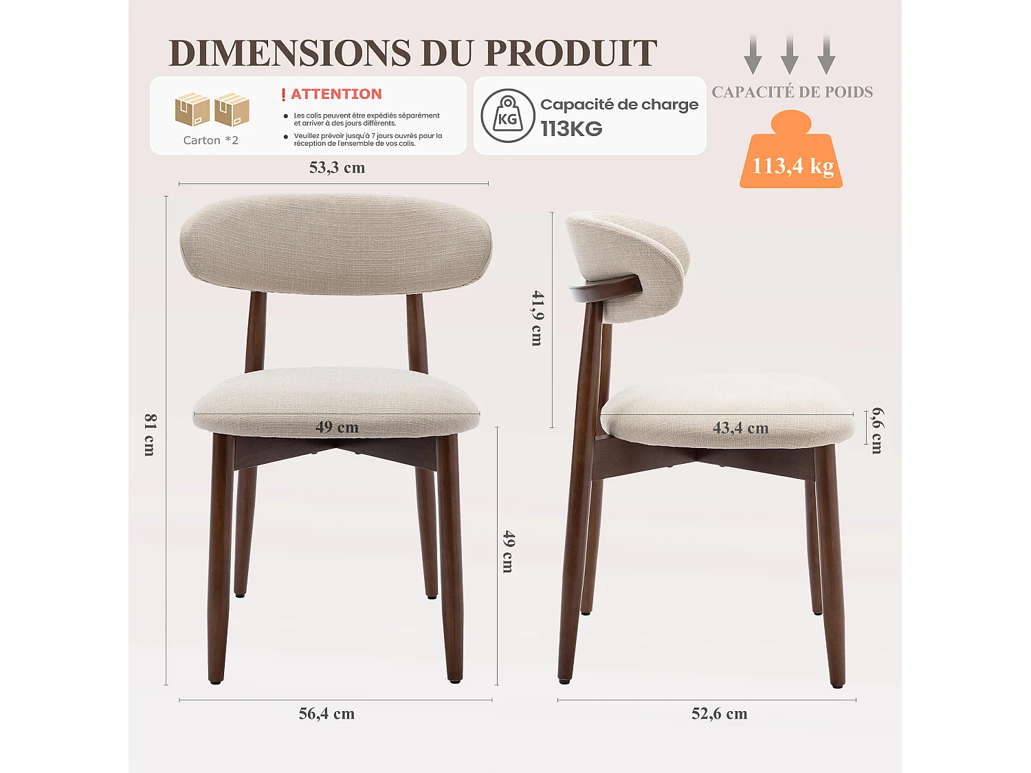 Lot de 2 chaises de salle à manger beige SMARTUE – Pieds en bois massif, dossier incurvé, assise en tissu