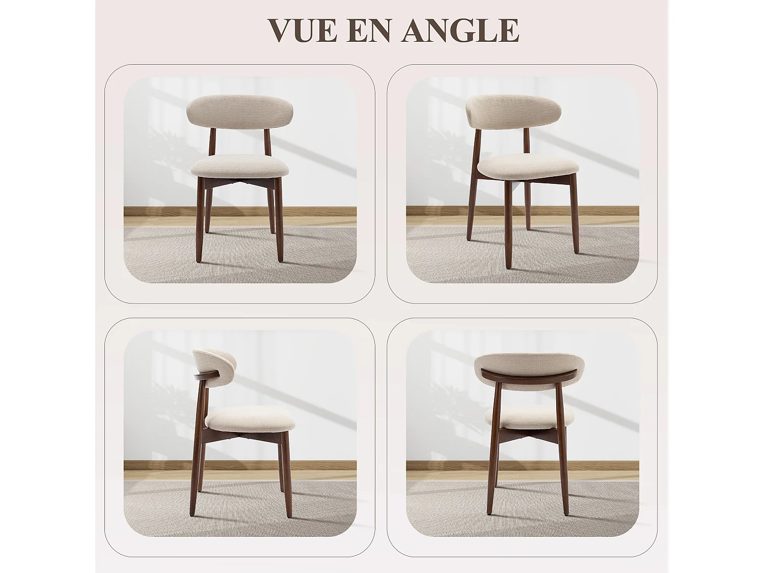 Lot de 2 chaises de salle à manger beige SMARTUE – Pieds en bois massif, dossier incurvé, assise en tissu