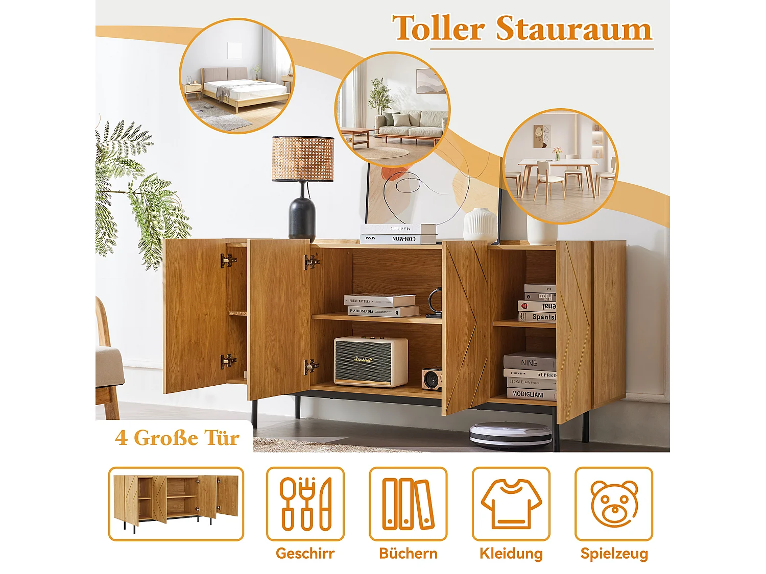 Buffet de salon avec 4 portes et incrustation métallique : commode polyvalente en bois naturel, dimensions 160×40×78 cm