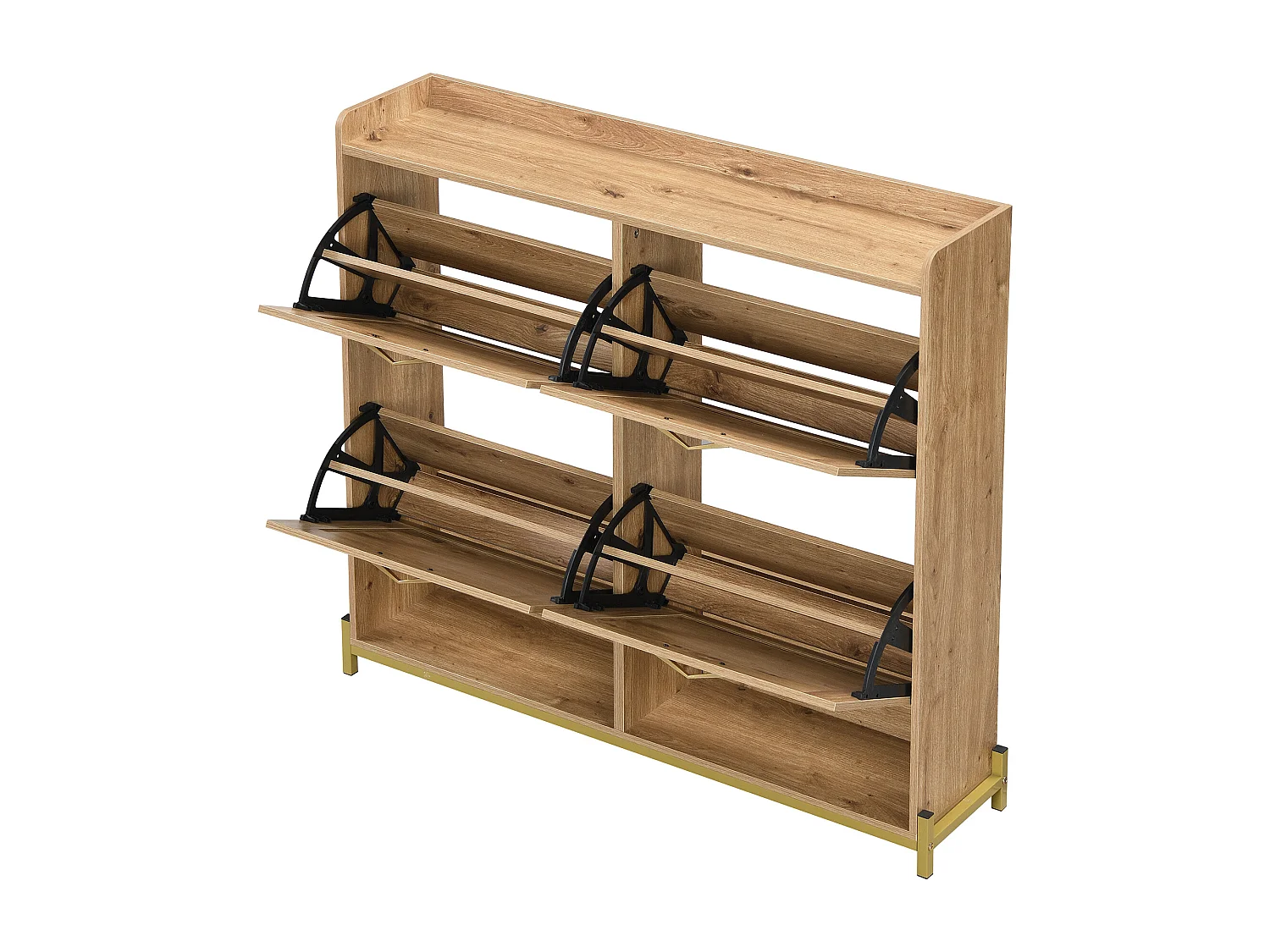 Meuble à Chaussures en Bois avec Portes en Rattan – 4 Portes et Plateau Supérieur – Compact pour l’Entrée