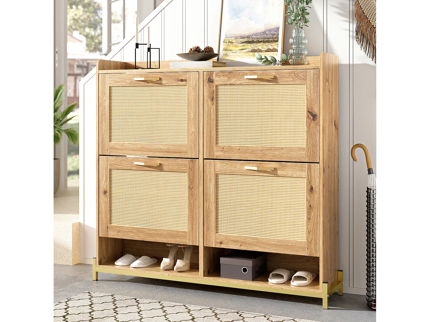 Meuble à Chaussures en Bois avec Portes en Rattan – 4 Portes et Plateau Supérieur – Compact pour l’Entrée