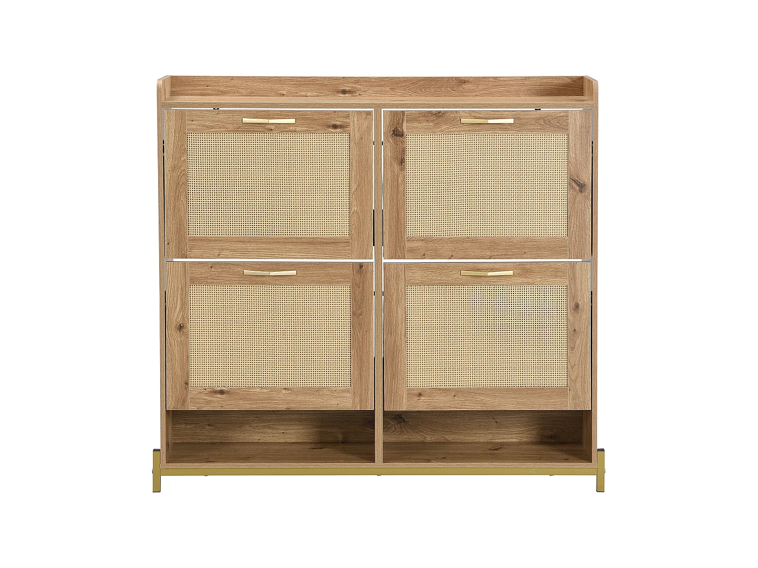 Élégant meuble à chaussures en bois avec portes en rotin – 4 portes, cadre métallique et étagère supérieure pour un rangement élégant et bien organisé