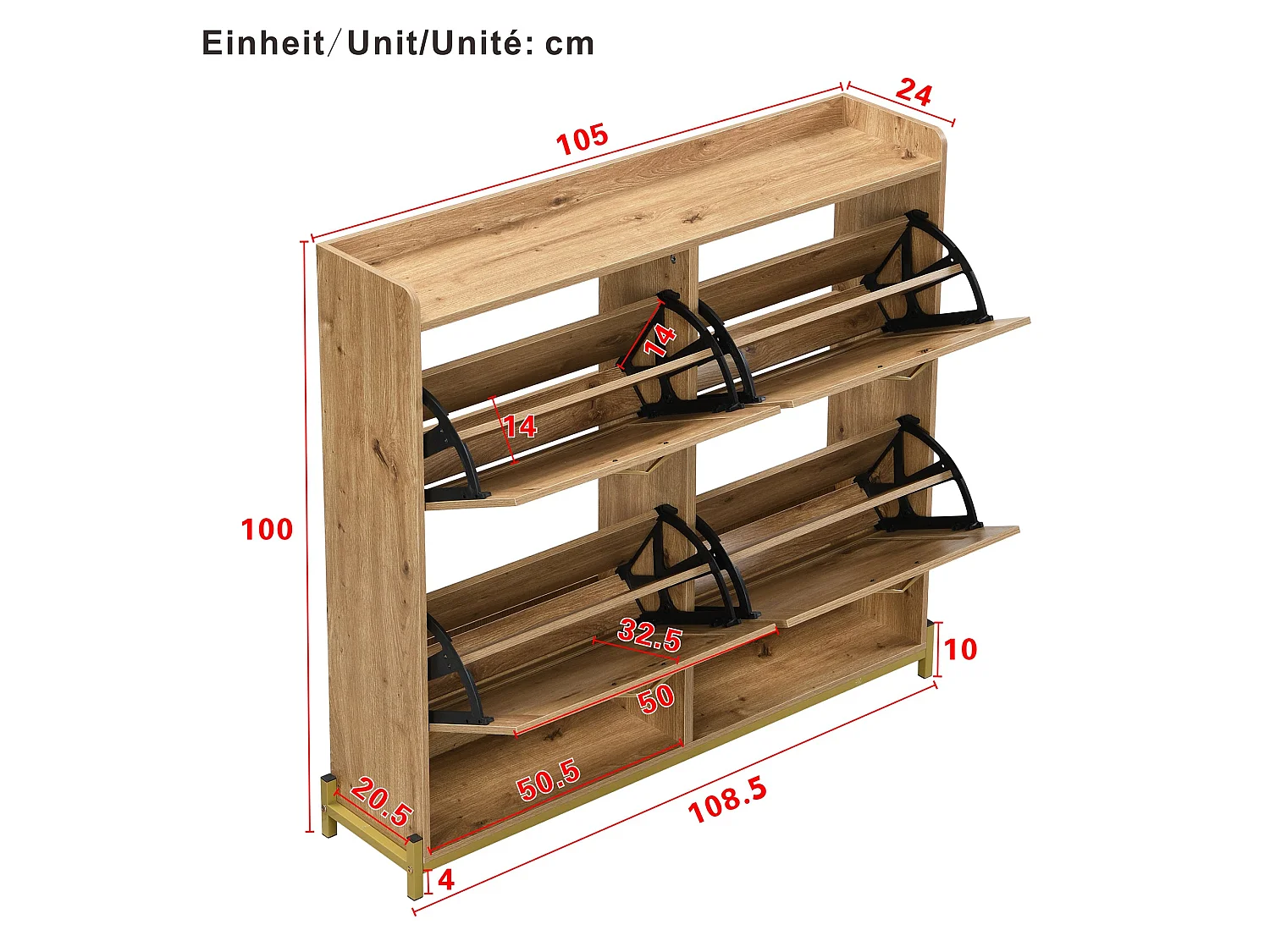 Élégant meuble à chaussures en bois avec portes en rotin – 4 portes, cadre métallique et étagère supérieure pour un rangement élégant et bien organisé