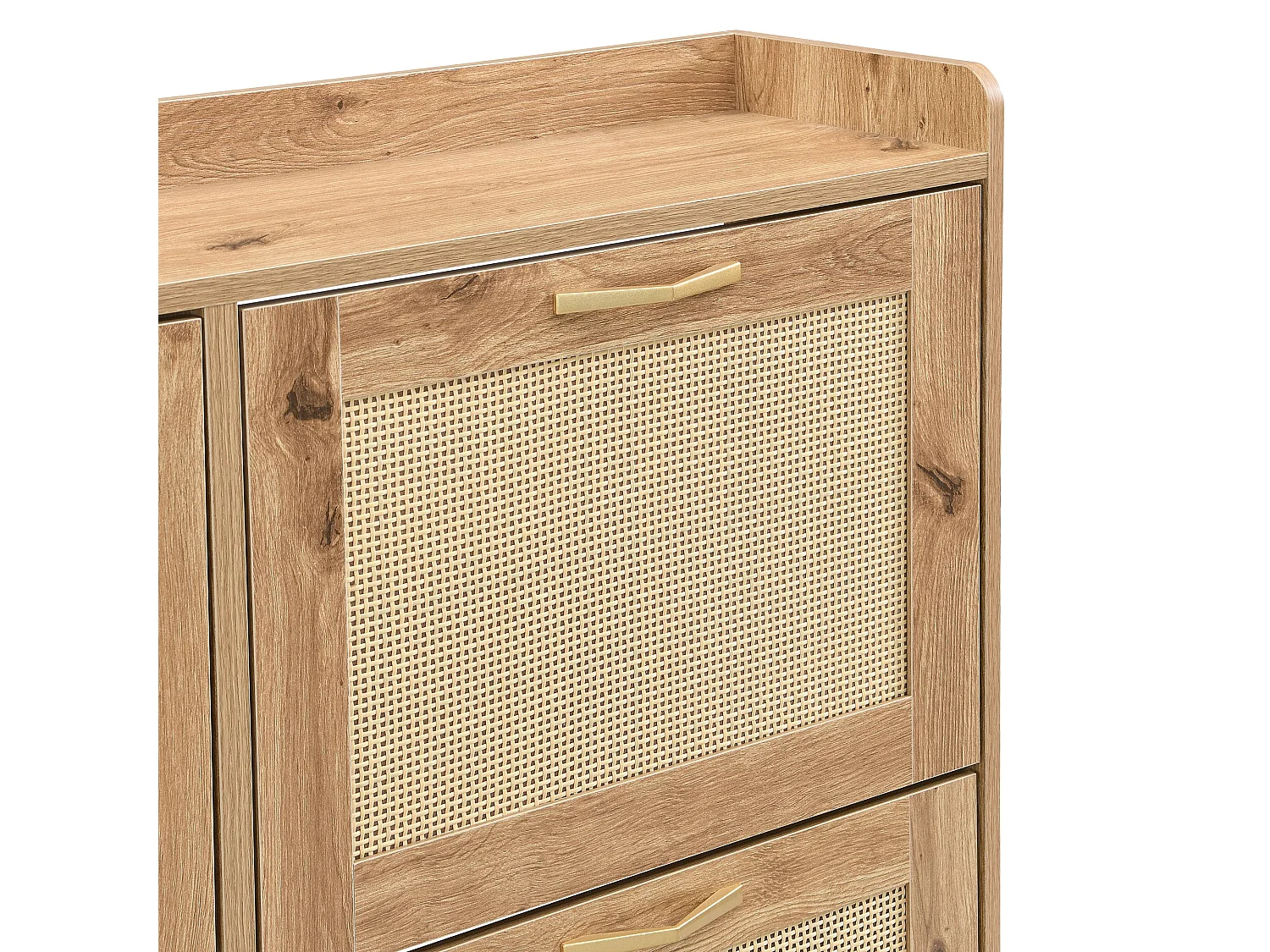 Élégant meuble à chaussures en bois avec portes en rotin – 4 portes, cadre métallique et étagère supérieure pour un rangement élégant et bien organisé