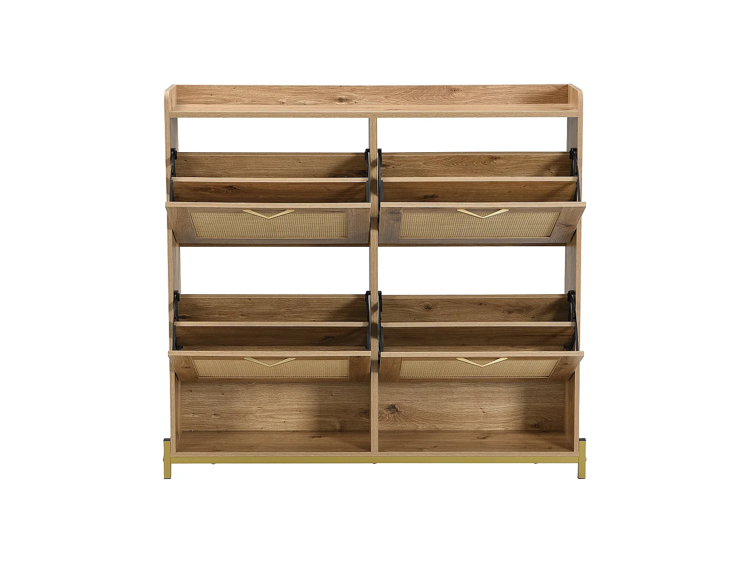 Élégant meuble à chaussures en bois avec portes en rotin – 4 portes, cadre métallique et étagère supérieure pour un rangement élégant et bien organisé