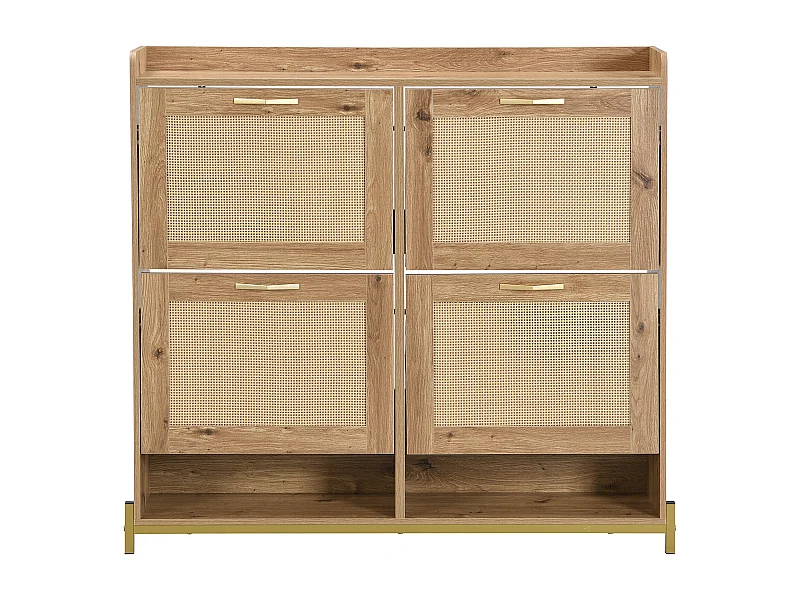 Meuble à Chaussures en Bois avec Portes en Rattan – 4 Portes et Plateau Supérieur – Compact pour l’Entrée