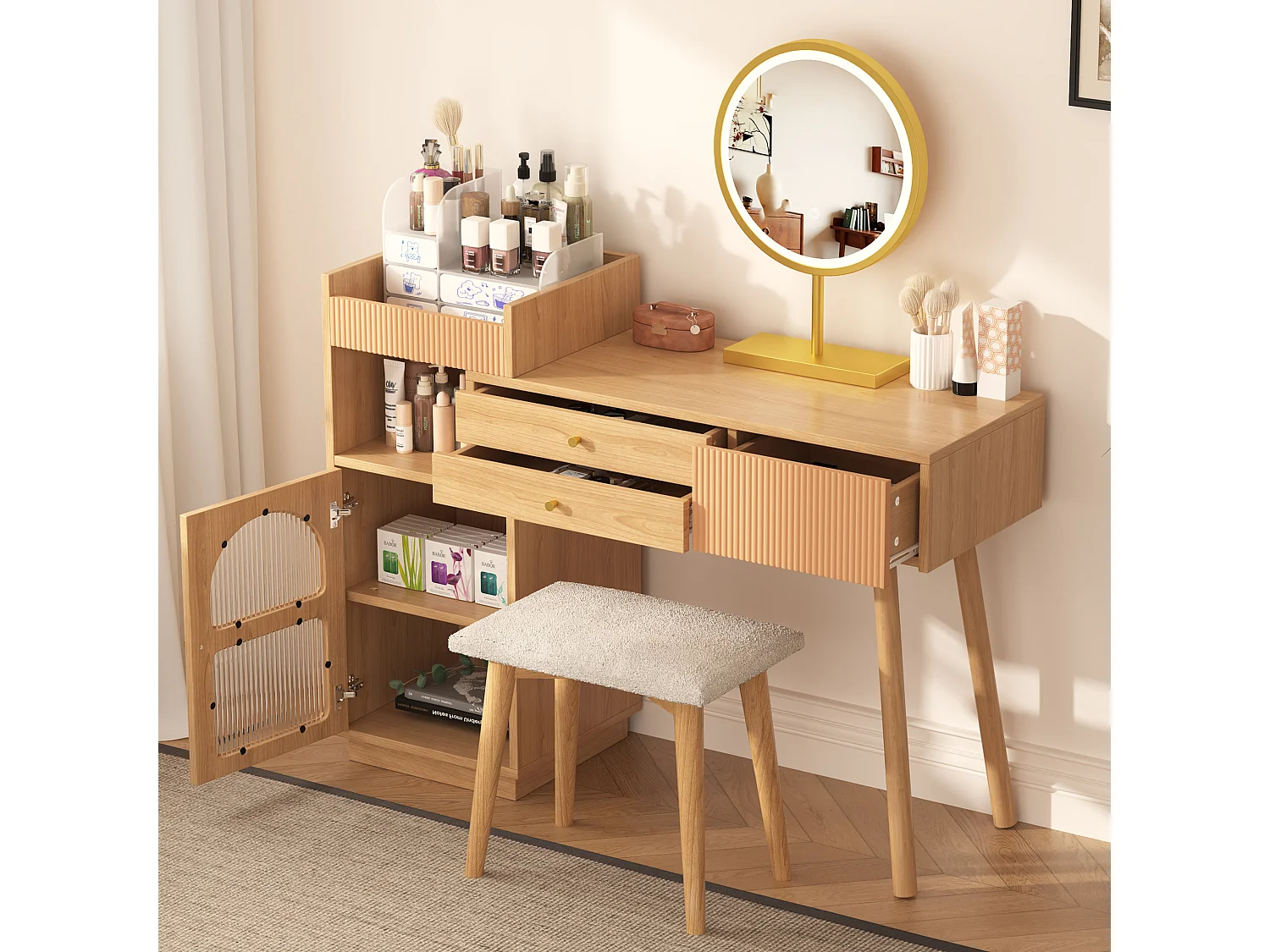 Coiffeuse avec Miroir LED et 3 Tiroirs – Verre Iridescent pour un Rangement Cosmétique Élégant
