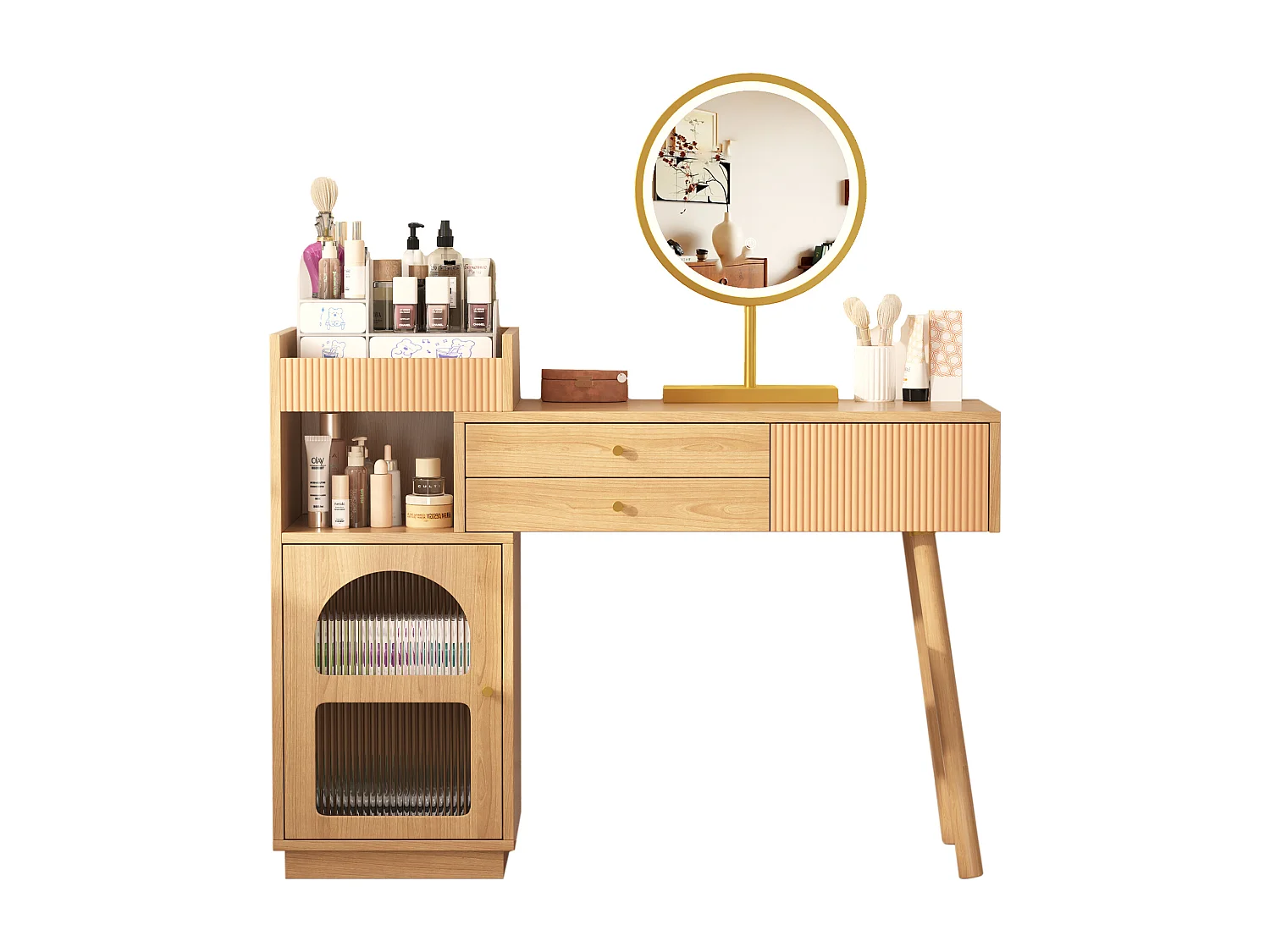 Coiffeuse avec Miroir LED et 3 Tiroirs – Verre Iridescent pour un Rangement Cosmétique Élégant
