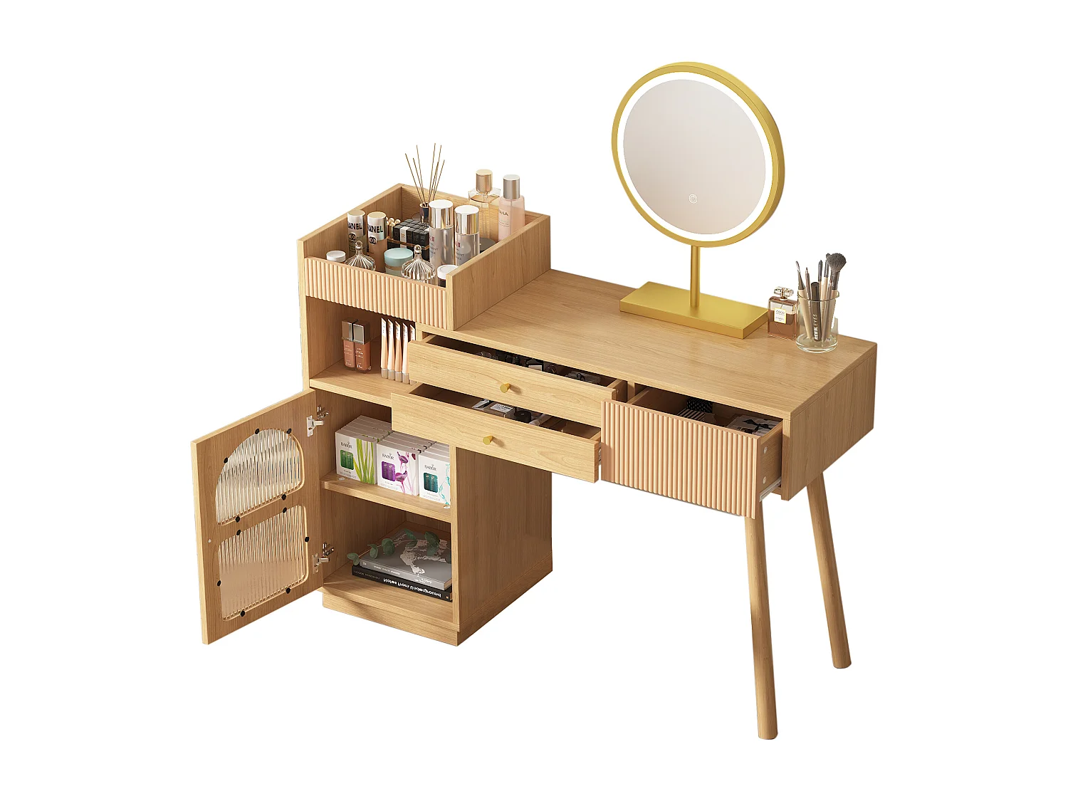 Coiffeuse avec Miroir LED et 3 Tiroirs – Verre Iridescent pour un Rangement Cosmétique Élégant