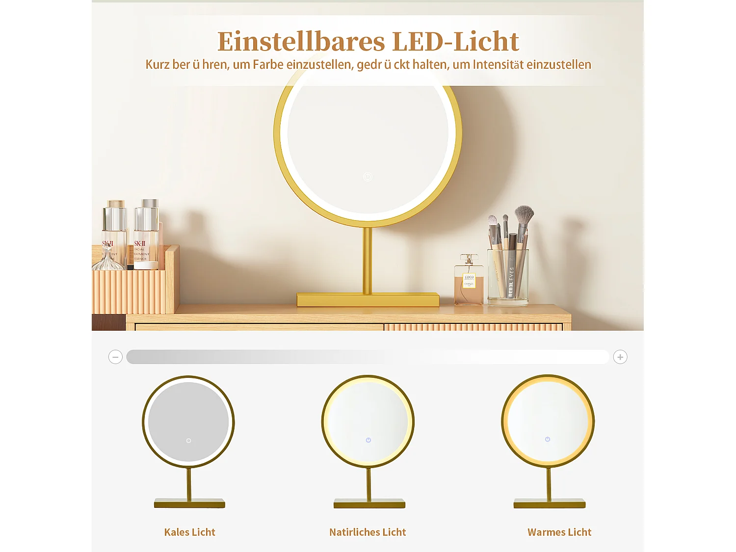 Coiffeuse avec Miroir LED et 3 Tiroirs – Verre Iridescent pour un Rangement Cosmétique Élégant
