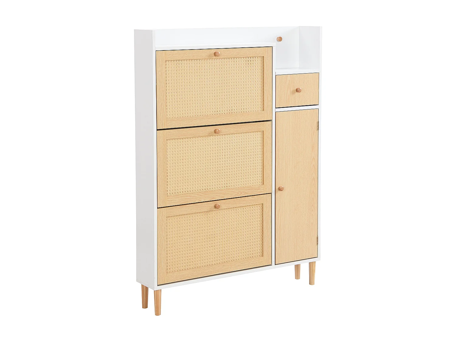 Meuble à chaussures en bois et rotin, 3 portes basculantes, pieds en bois, L90×H125×P17 cm, Blanc
