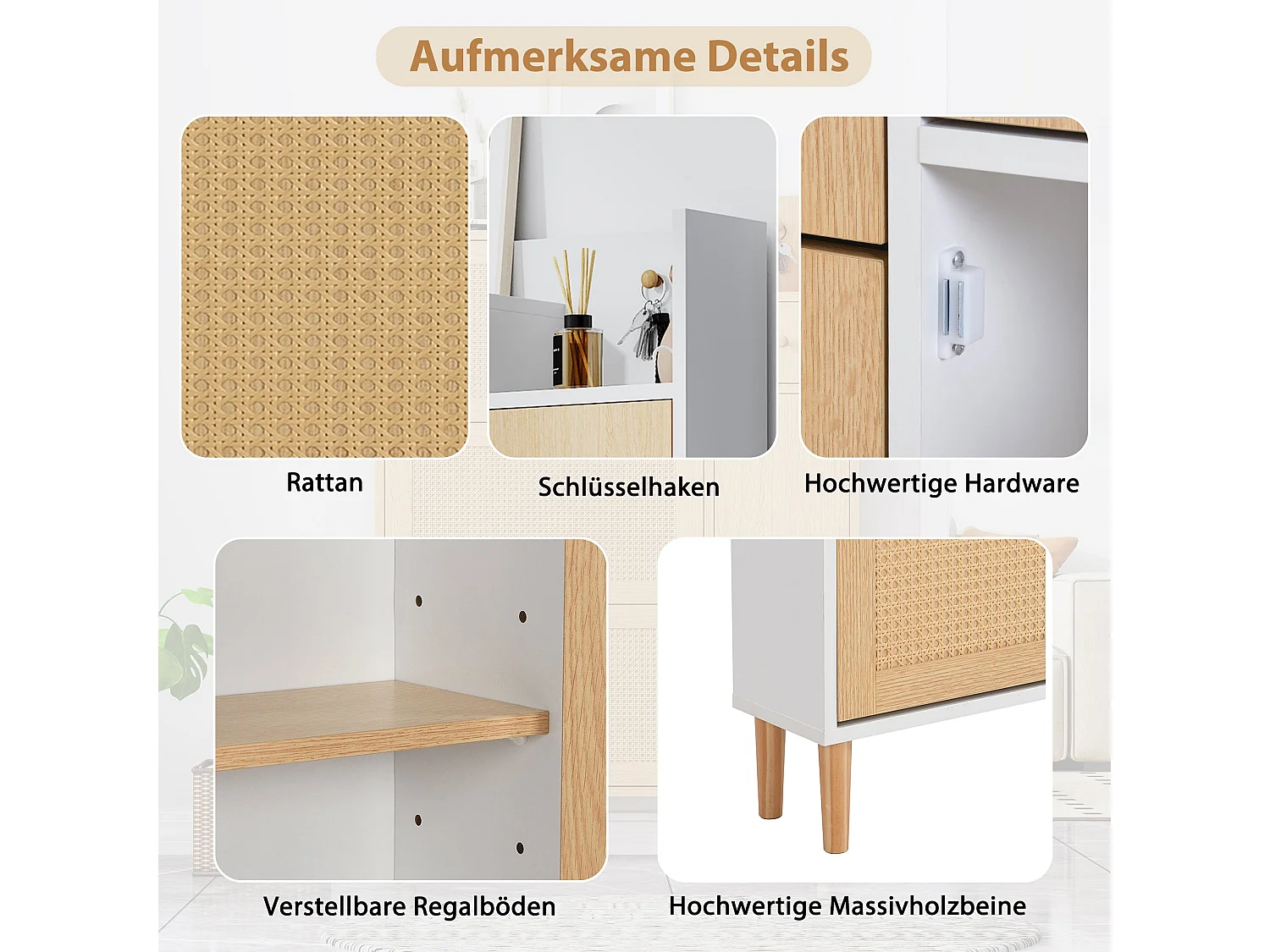 Meuble à chaussures en bois et rotin, 3 portes basculantes, pieds en bois, L90×H125×P17 cm, Blanc