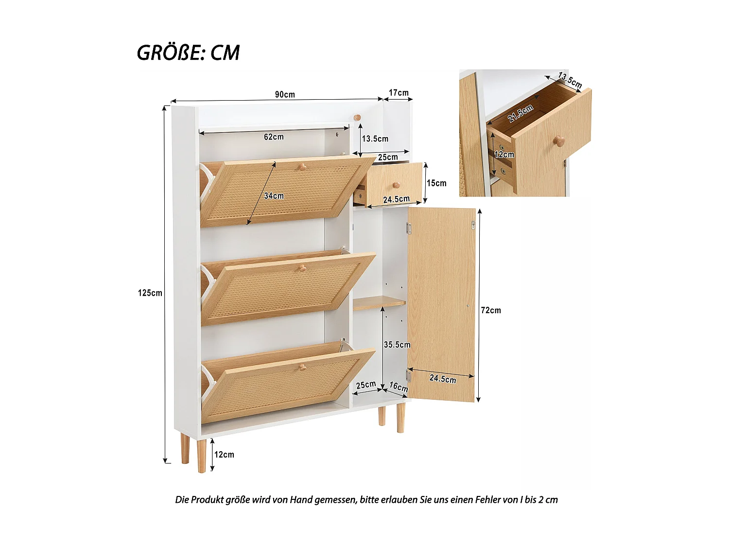Meuble à chaussures en bois et rotin, 3 portes basculantes, pieds en bois, L90×H125×P17 cm, Blanc