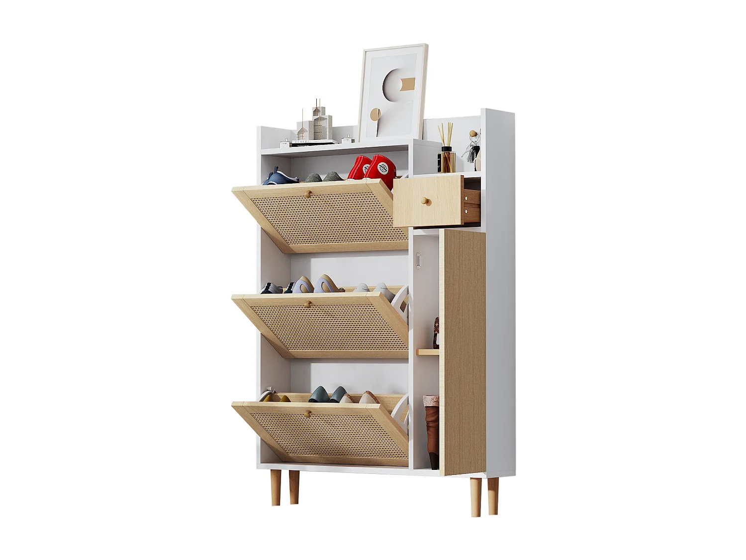Meuble à chaussures en bois et rotin, 3 portes basculantes, pieds en bois, L90×H125×P17 cm, Blanc