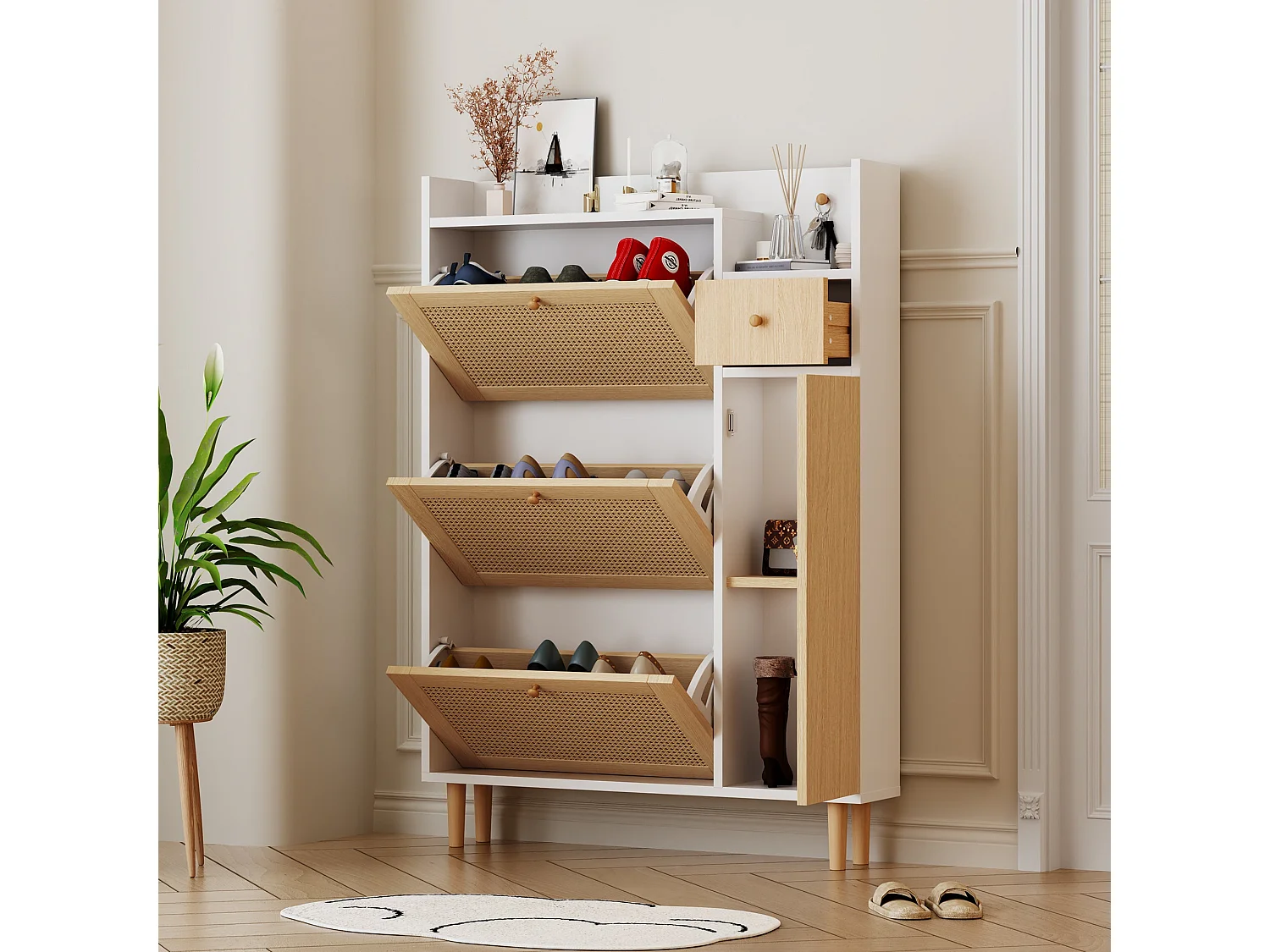 Meuble à chaussures en bois et rotin, 3 portes basculantes, pieds en bois, L90×H125×P17 cm, Blanc
