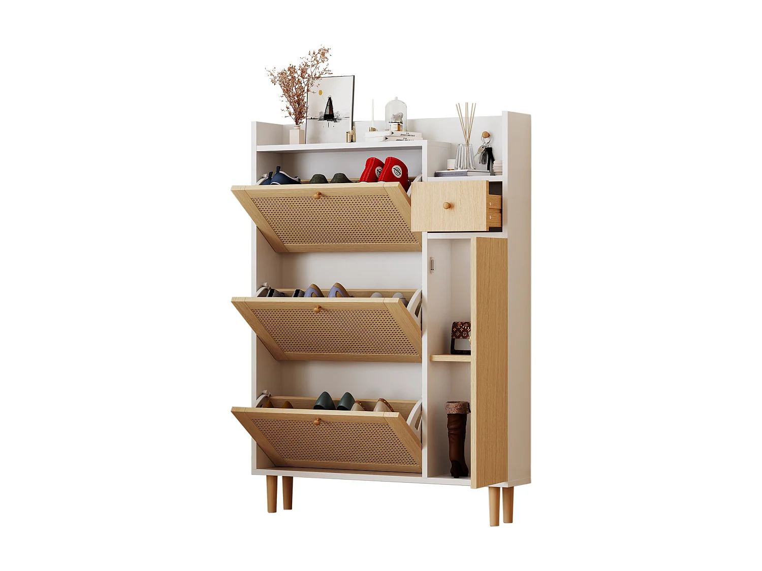 Meuble à chaussures en bois et rotin, 3 portes basculantes, pieds en bois, L90×H125×P17 cm, Blanc