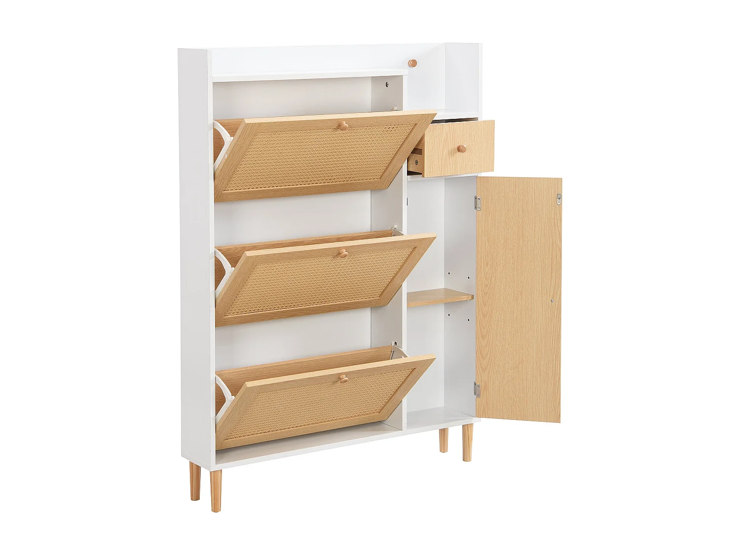 Meuble à chaussures en bois et rotin, 3 portes basculantes, pieds en bois, L90×H125×P17 cm, Blanc