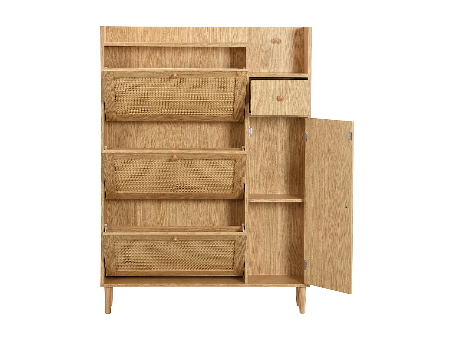 Meuble à chaussures en bois et rotin avec pieds massifs – 3 portes rabattables & 1 tiroir – Idéal pour les entrées étroites