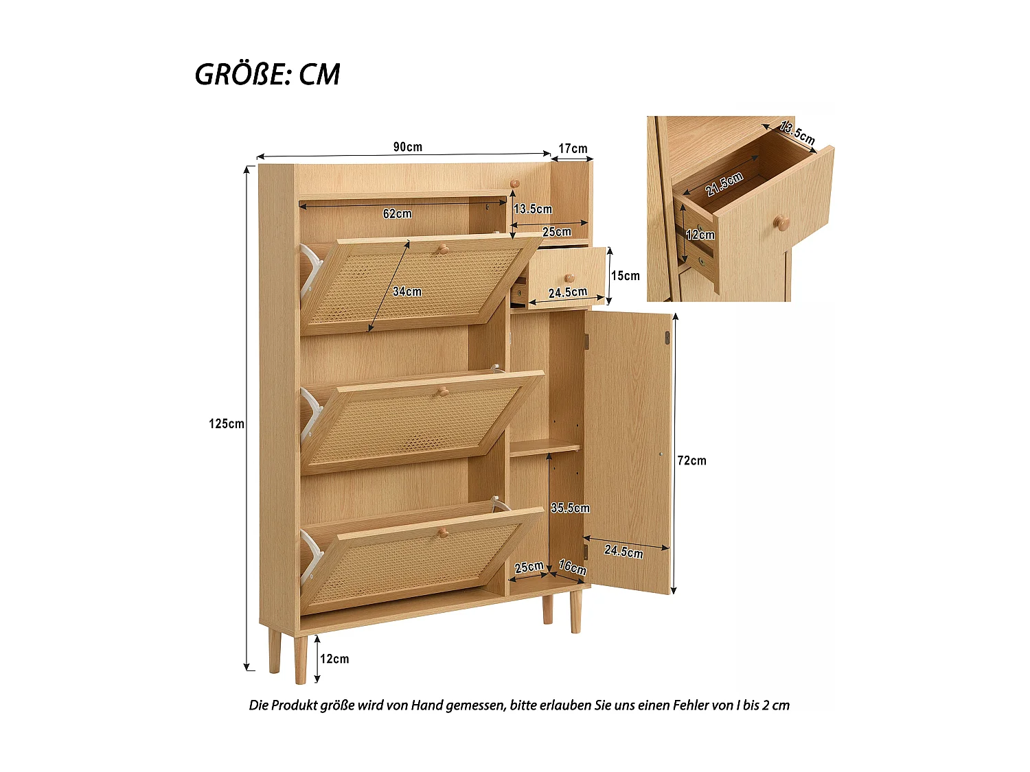 Meuble à chaussures en bois et rotin, 3 portes basculantes, 1 tiroir, pieds en bois, L90×H125×P17 cm