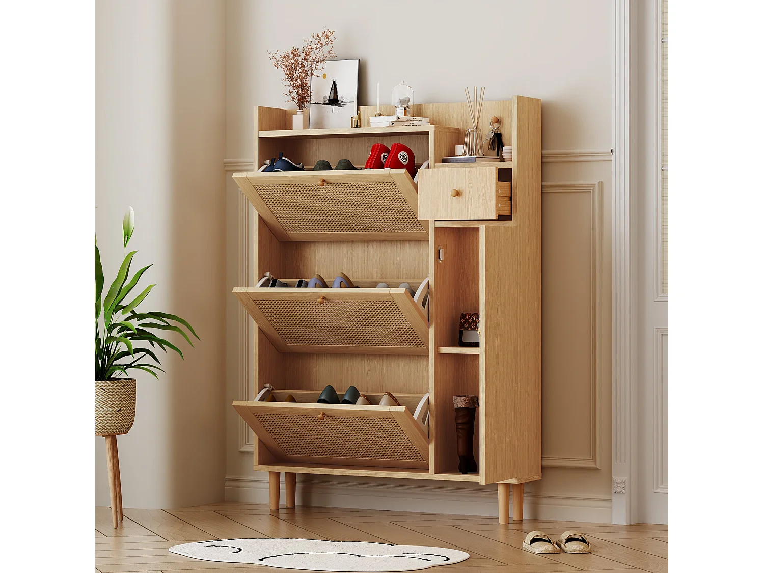 Meuble à chaussures en bois et rotin, 3 portes basculantes, 1 tiroir, pieds en bois, L90×H125×P17 cm
