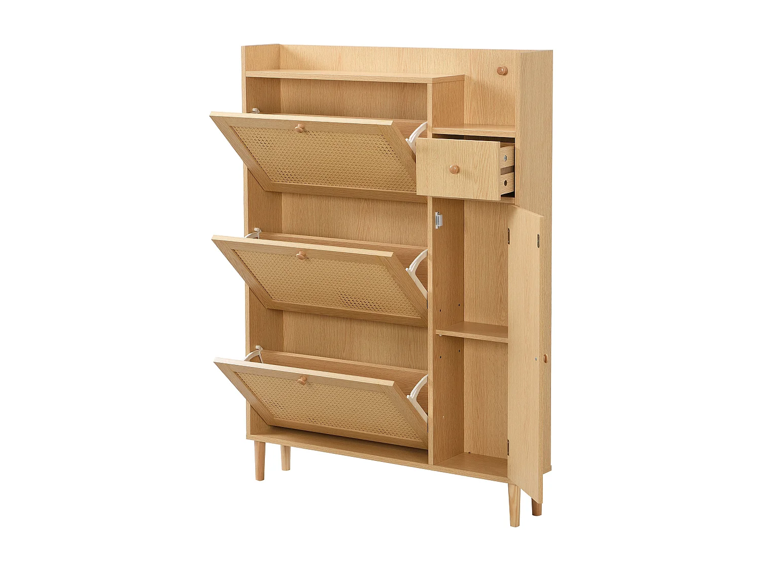 Meuble à chaussures en bois et rotin, 3 portes basculantes, 1 tiroir, pieds en bois, L90×H125×P17 cm